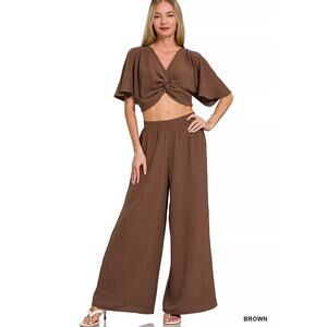 Woven Airflow Twisted Top & Wide Leg Pants Set